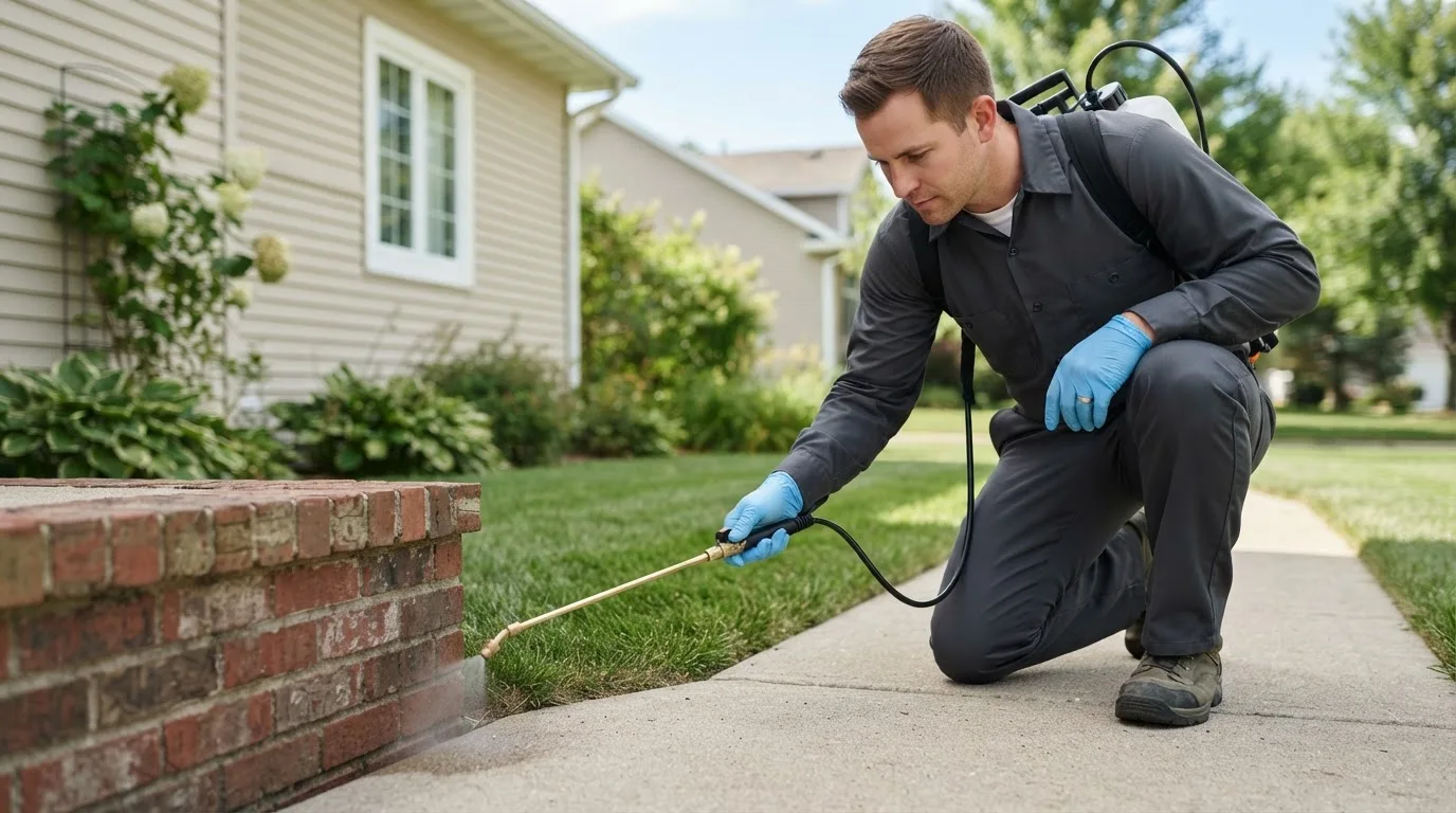 Pest control technician treating a home near Red Lake Falls, MN
